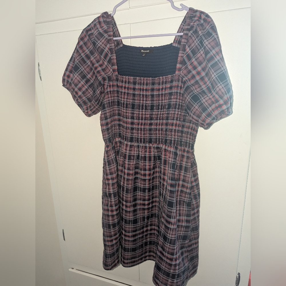 Madewell Checkered Puff Sleeve Midi Dress